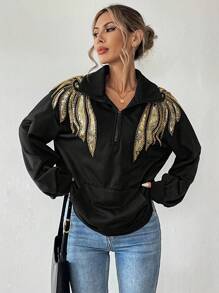 Chiquease Women Casual Solid High Collar Half-Opening Color Block Golden Wing Sequins Sweatshirt Pullover Fall Outfit - Black - View 3