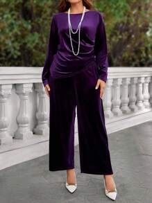 EMERY ROSE Plus Size Elegant Purple Pleated Top And Pockets Pants Two Pieces Winter Women Clothes - Purple - View 4