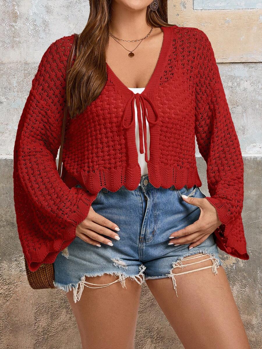 SHEIN VCAY Plus Size Women Front Tie Solid Color Drop Shoulder Long Sleeve Cropped Cardigan, Autumn - Red - View 1