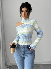 Elenzga 1pc Women Ombre Blue Long Sleeve Scoop Neck Fitted Sweater,Long Sleeve Tops, Knit Pullover Fall Winter - Blue - View 4