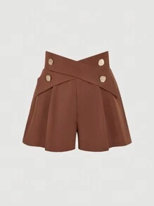 SHEIN MOD Quần short thiết kế dây chéo thanh lịch màu nâu cổ điển cỡ lớn - màu nâu - Xem 1