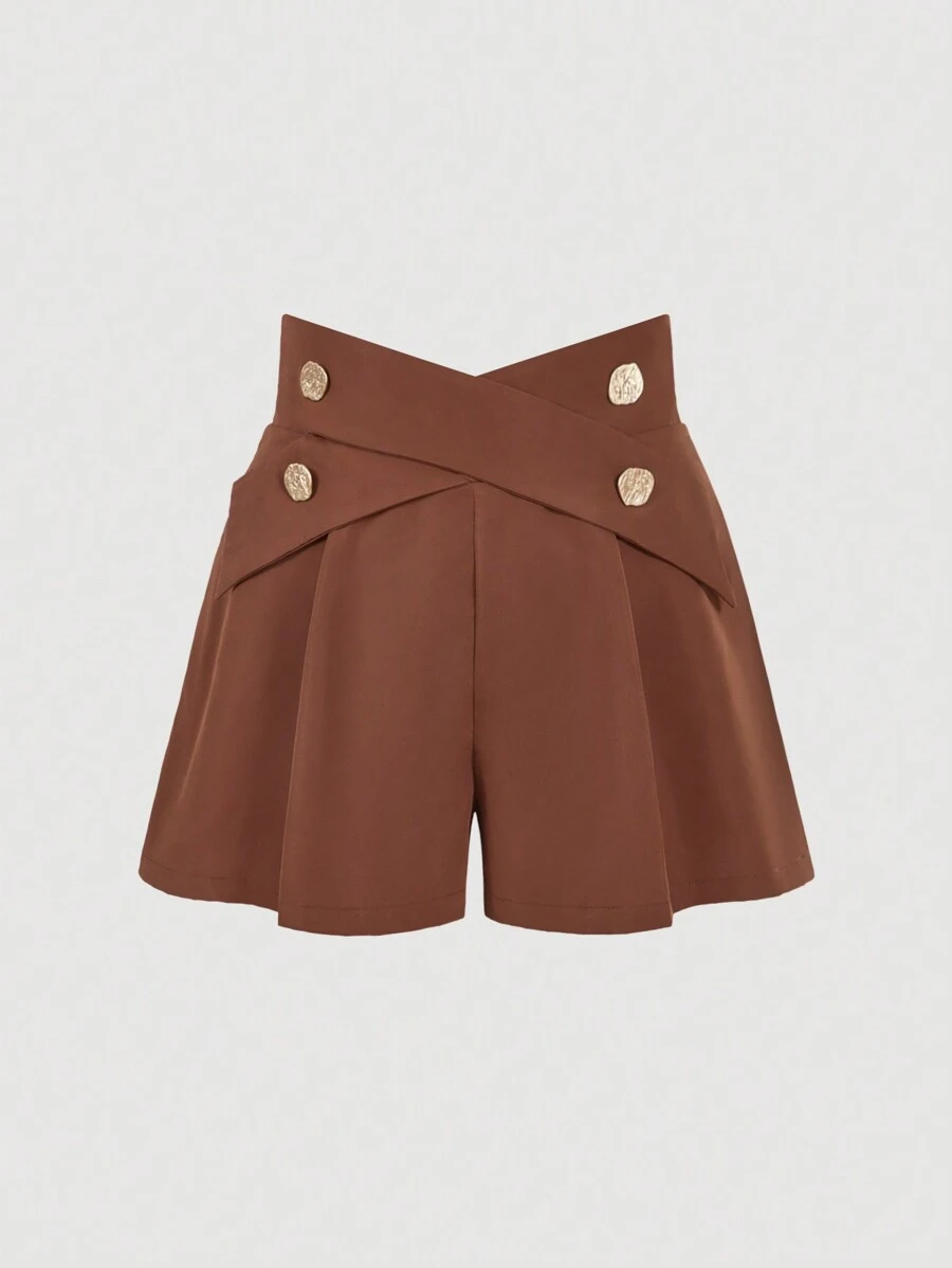 SHEIN MOD Quần short thiết kế dây chéo thanh lịch màu nâu cổ điển cỡ lớn - màu nâu - Xem 1