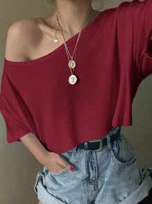 SHEIN EZwear 女士酒红色针织宽松露肩超大款T恤 - 酒紅色 - 查看 3