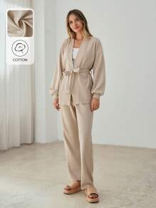 RueChic Cotton Drop Shoulder Belted Coat & Pants - Apricot - View 1