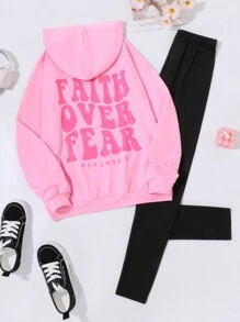 2pcs/Set Teenage Girls Casual Loose Pink Hoodie Sweatshirt With Letter Print + Black Leggings, Autumn