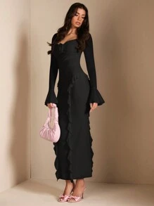 SHEIN BAE 优雅女士外出装，甜美荷叶边长袖短款上衣，适合休闲约会、派对、活动的秋季装 - 3D 花卉装饰长裙， - 黑色 - 查看 6