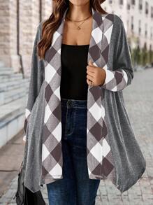 EMERY ROSE Chaqueta casual de manga larga con estampado a cuadros para mujeres de talla grande