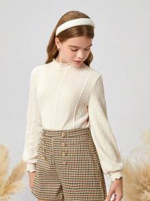 SHEIN Leap Crew Tween Girl Mock Neck Lettuce Trim Flare Sleeve Tee - Beige - View 7