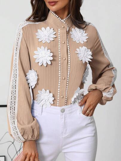 SHEIN Clasi 女式秋季花卉装饰长袖撞色蕾丝优雅衬衫