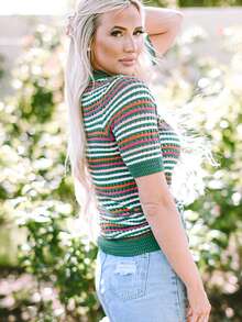 Tricou tricotat cu mânecă scurtă, la modă, casual, cu dungi, blocuri de culori, cu goluri, cu dungi - Verde - Vizualizare 4