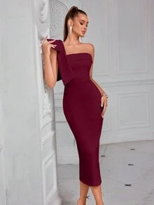Elisanya Asymmetrical Neck Solid Color Bowknot Decor Slit Backless Midi Cocktail Party Prom Dress, Elegant Semi Formal Dress - Burgundy - View 5