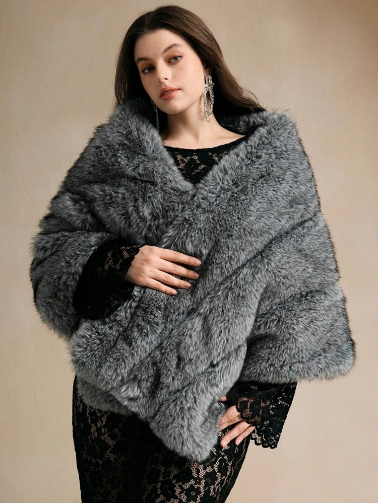 Plus Size Women Fluffy Poncho, Elegant High-End