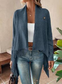 SHEIN LUNE Cárdigan asimétrico de manga larga con cuello caído, cruce, envoltorio y decoración con flecos, unicolor