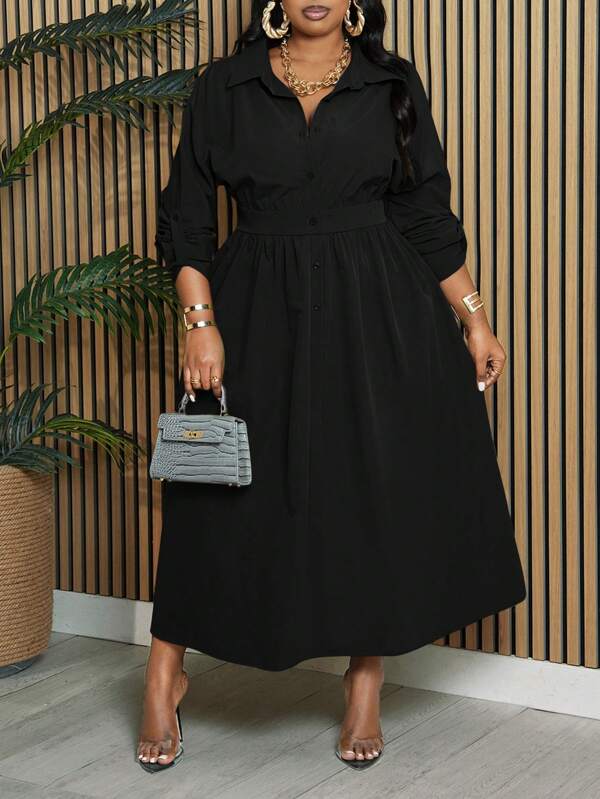 Slaydiva Women Plus Size Solid Color Long Sleeve Cinched Waist Long Shirt Casual Dress, Autumn