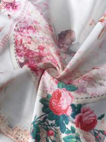 Slaydiva 全新优雅华丽翻领泡泡袖七分袖腰带装饰下摆巴洛克印花女式短裙-L