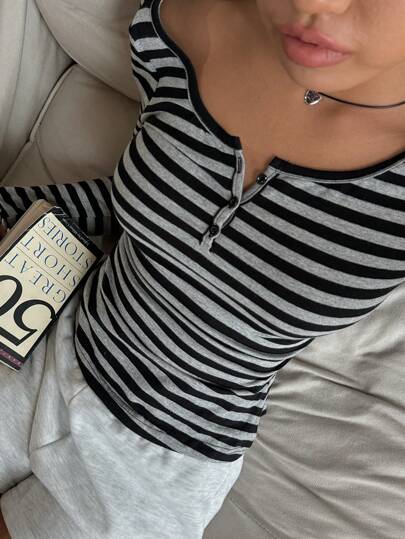 SHEIN EZwear Women Cotton Blend Black And Grey Striped Half-Zip T-Shirt