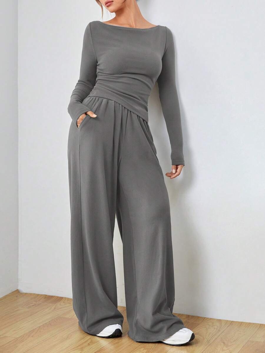 SHEIN EZwear 1 套女士灰色休闲针织修身长袖上衣和裤子套装 - 灰色 - 查看 1