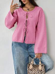 SHEIN EZwear 女士可爱粉色前系带宽松开衫，适合秋季 - 粉色 - 查看 6