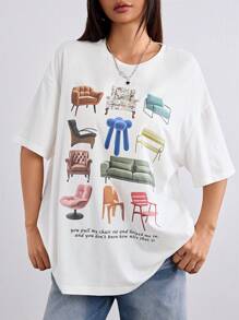 SHEIN EZwear 休闲纯色针织前中心印花圆领短袖宽松女式 T 恤 - 白色 - 查看 4