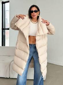 SHEIN Cottnline Fashionable Asymmetrical Snap Button Puffer Winter Coat - Beige - View 6