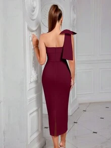 Elisanya Asymmetrical Neck Solid Color Bowknot Decor Slit Backless Midi Cocktail Party Prom Dress, Elegant Semi Formal Dress - Burgundy - View 2