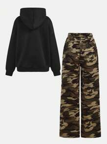 SHEIN Girlism Conjunto informal de 2 piezas para adolescentes: sudadera con capucha con bloque de color y estampado de letras + pantalones holgados de camuflaje, estilo callejero, de vuelta al colegio