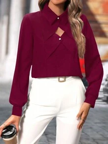 SHEIN Clasi 1 件女式纯色开领长袖衬衫，秋季时尚设计 - 酒紅色 - 查看 3