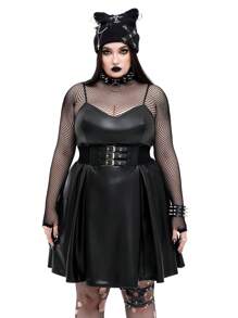Flirla Váy da PU không tay có viền bèo nhún phong cách Gothic Punk cỡ lớn có thể điều chỉnh - màu đen - Xem 3