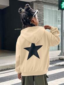 SHEIN Sudadera informal con capucha de manga larga con estampado de estrellas para niñas preadolescentes en otoño e invierno - Albaricoque - Ver 5