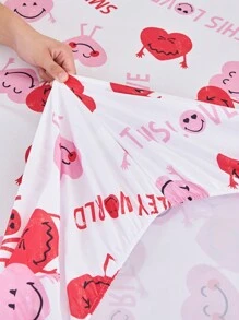 SmileyWorld® | SHEIN 满版爱心与标语印花白色床笠 - 彩色 - 查看 4
