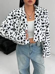 SHEIN EZwear 大码女式波点蓬松保暖大衣，秋冬保暖服装 - 黑與白 - 查看 3