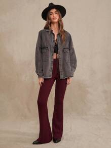 WESTFADE Winter Outfit High Waist Rib Knit Sweater Flare Lounge Pants - Burgundy - View 6