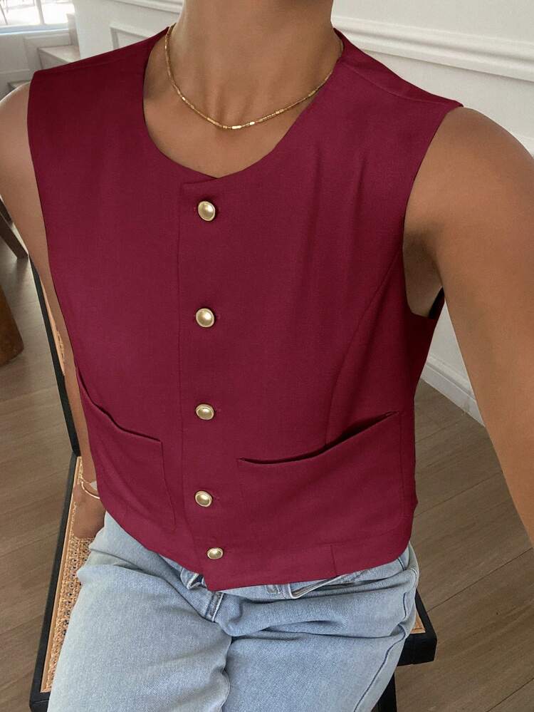 Solid Color Crew Neck Sleeveless Fitted Red Jacket For Women, Spring/Summer,Fall Clothes