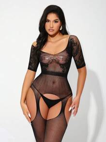 Fashionable Charming Women Mesh Short Sleeve Bodycon Jumpsuit - Black - View 6