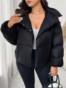 SHEIN Frenchy Plus Size Fluffy Hooded Padded Coat - Black - View 4