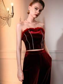 The Great Gatsby x MOTF 天鹅绒蓬松边饰水钻细节抹胸（无袖） - 酒紅色 - 查看 4