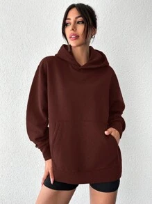 EURMUSE Women's Solid Color Drop Shoulder Long Sleeve Pocket Loose Casual Hoodie - Brown - View 6