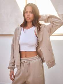 Musera Sport Letter Embroidery Zip Up Hoodie, Padel, Tennis, Pickleball Gym - Khaki - View 2