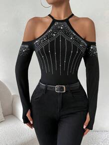 SHEIN Privé 1 件女士性感优雅镂空水钻装饰长袖衬衫 - 黑色 - 查看 3