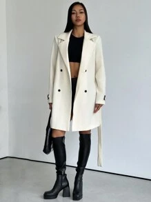 Firerie 女士优雅简约时尚撞色装饰腰带双扣腰带白色 A 字型大衣 - 米色 - 查看 3