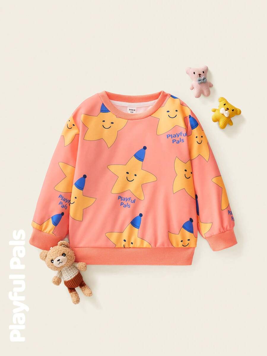 SHEIN 1pc Young Girl Cute/Retro/Casual/Back To School Star Pattern Long Sleeve Crew Neck Sweatshirt, Suitable For School And Outings, Spring/Autumn/Winter - Pink - View 1