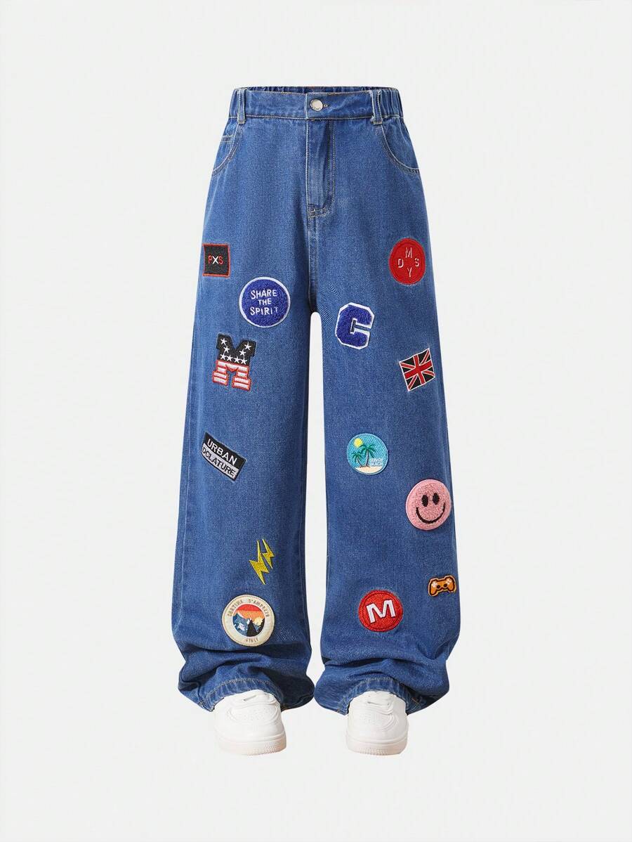 Teens Boys Comfortable Casual Basic Diamond Washed Street Loose Non-Stretch Denim Pants, Thin Style For All Seasons - Medium Wash - View 1