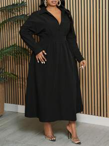 Slaydiva Đầm thường ngày dài tay bó eo màu trơn cỡ lớn cho nữ, mùa thu - màu đen - Xem 5