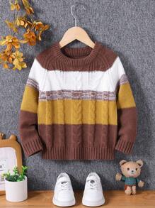 Young Boy Round Neck Striped Casual Knit Sweater - Coffee Brown - View 1