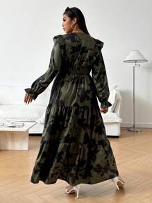 SHEIN Clasi Plus Size V-Neck Long Sleeve Pleated All-Over Graphic Print Casual Dress Fall Cloth For Women - Army Green - View 2