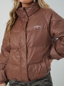 SHEIN EZwear 1pc Women's Brown Woven Letter Print Casual Down& Feathers Jacket, Winter - Coffee Brown - View 7