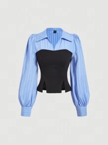 SHEIN MOD 女士秋季灯笼袖条纹印花二合一系带衬衫 - 淺藍色 - 查看 1