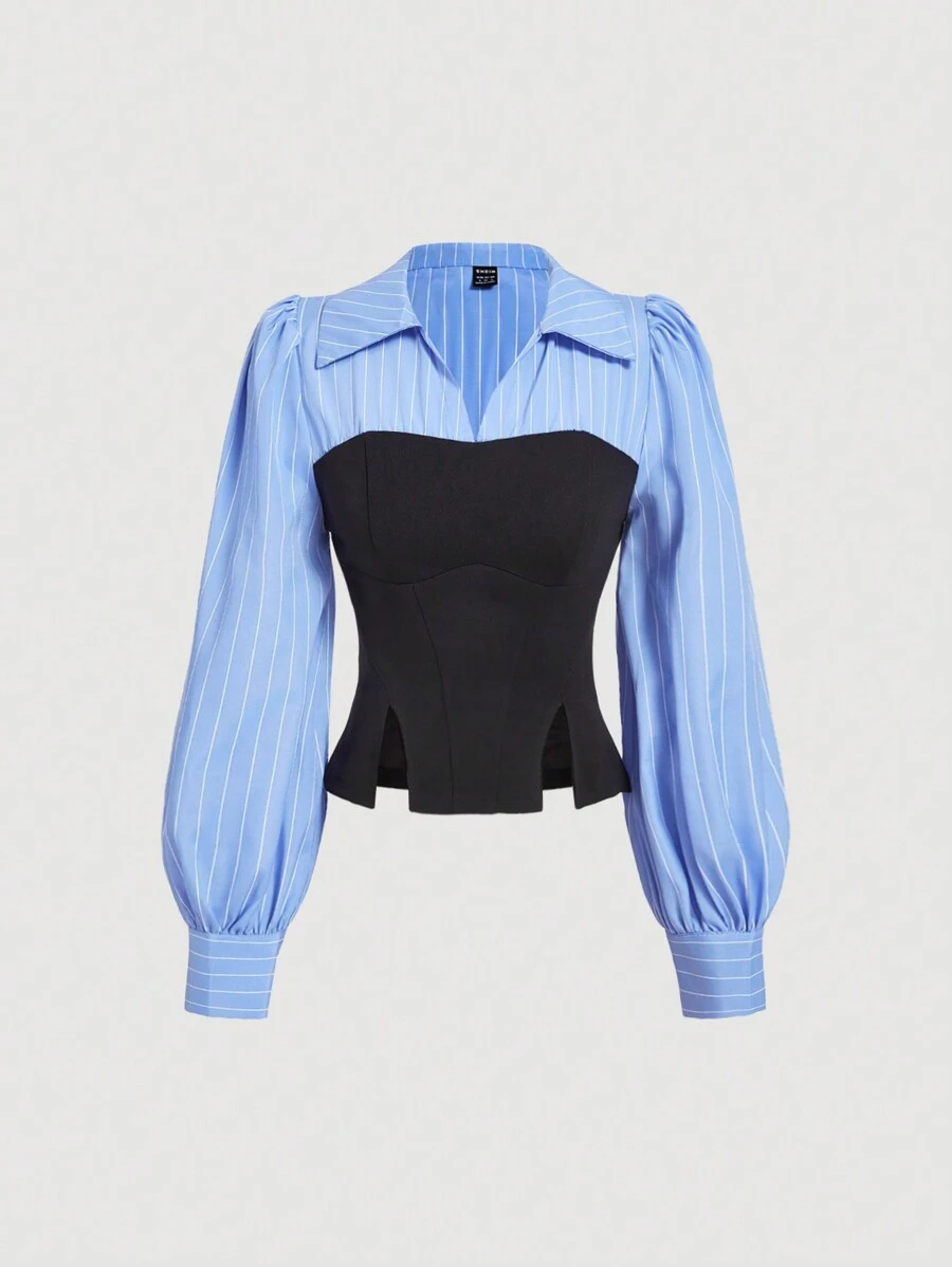 SHEIN MOD 女士秋季灯笼袖条纹印花二合一系带衬衫 - 淺藍色 - 查看 1