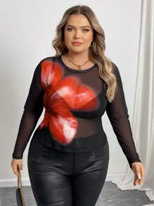 SHEIN CURVE+ Plus Size Floral Printed Sheer Stretchy T-Shirt - Black - View 5