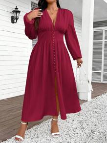 SHEIN Frenchy Plus Size Fall Women Dresses Casual Waisted Button Down Dress - Burgundy - View 3